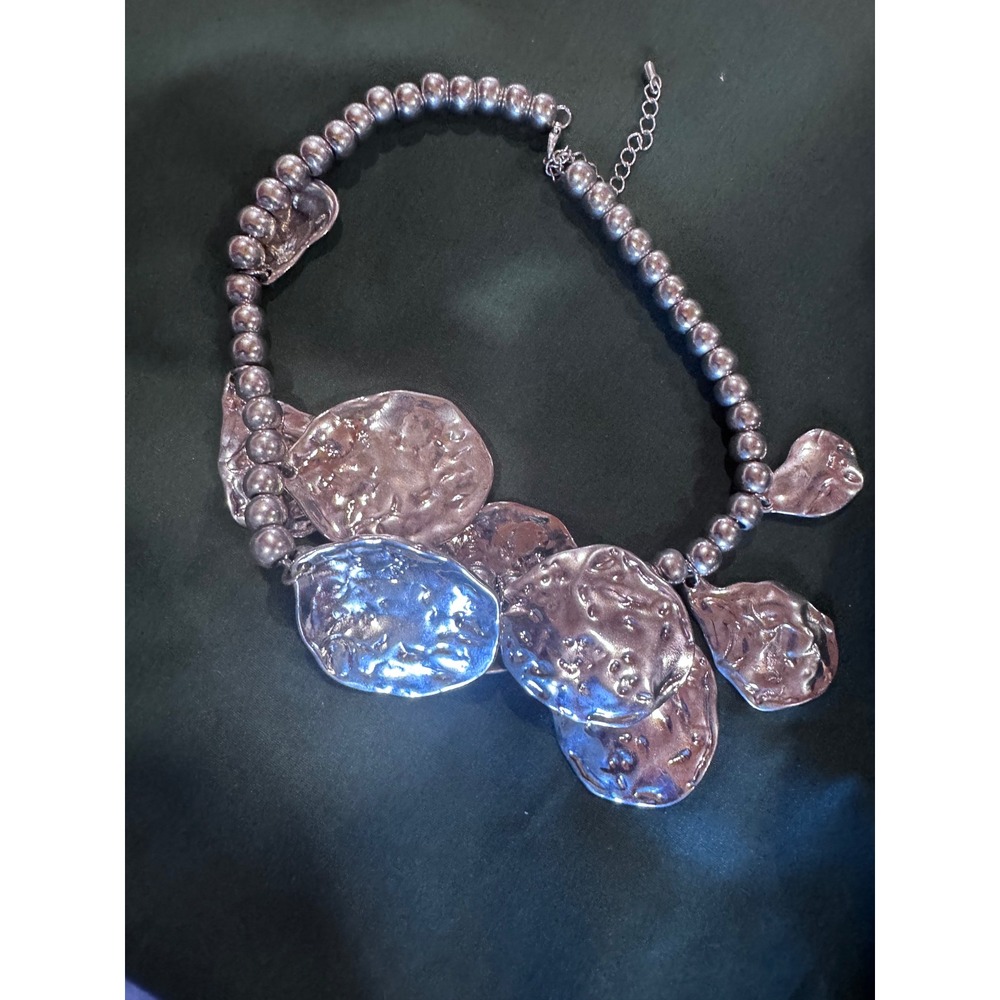 Silver Tone Hammered Disc Statement Necklace Chunky Bead Adjustable Chain